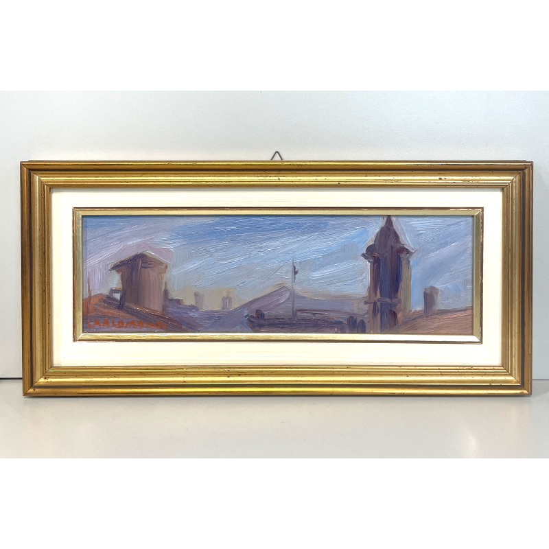 QUADRO DIPINTO OLIO TAVOLA Carlo Monti PAESAGGIO Arona CORSO TETTI Lago Maggiore