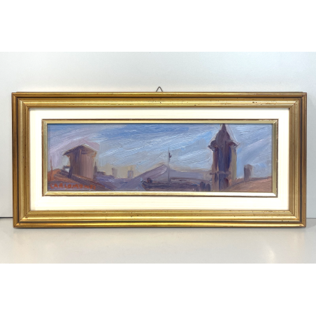 QUADRO DIPINTO OLIO TAVOLA Carlo Monti PAESAGGIO Arona CORSO TETTI Lago Maggiore