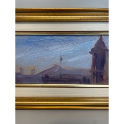 QUADRO DIPINTO OLIO TAVOLA Carlo Monti PAESAGGIO Arona CORSO TETTI Lago Maggiore