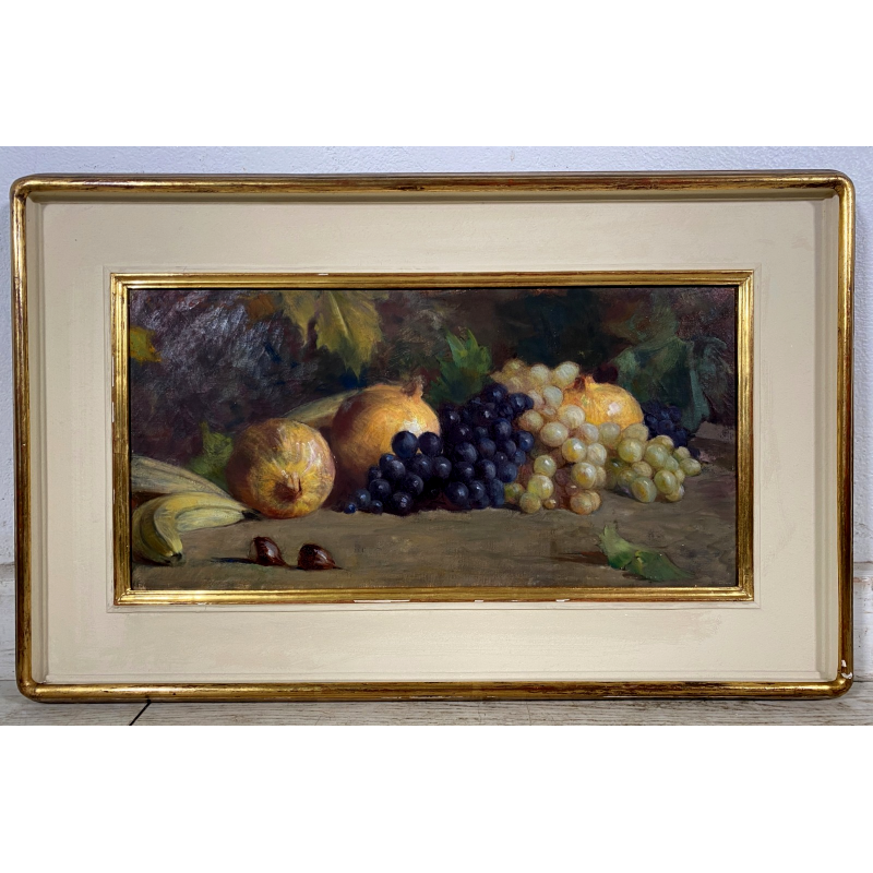 DIPINTO OLIO TELA Guido Bertini NATURA MORTA UVA MELAGRANA CASTAGNE BANANA '900