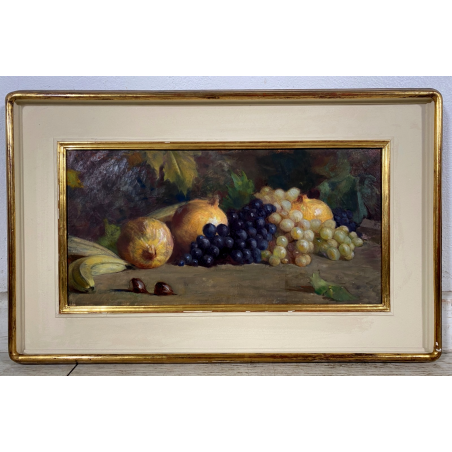 DIPINTO OLIO TELA Guido Bertini NATURA MORTA UVA MELAGRANA CASTAGNE BANANA '900