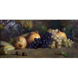 DIPINTO OLIO TELA Guido Bertini NATURA MORTA UVA MELAGRANA CASTAGNE BANANA '900