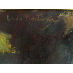 DIPINTO OLIO TELA Guido Bertini NATURA MORTA UVA MELAGRANA CASTAGNE BANANA '900