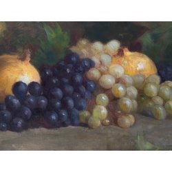 DIPINTO OLIO TELA Guido Bertini NATURA MORTA UVA MELAGRANA CASTAGNE BANANA '900