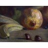 DIPINTO OLIO TELA Guido Bertini NATURA MORTA UVA MELAGRANA CASTAGNE BANANA '900