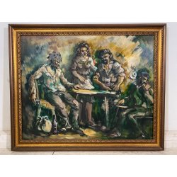 ANTICO DIPINTO OLIO Ivan Gorini SCENA GENERE INTERNO OSTERIA FIGURE TAVOLO '900
