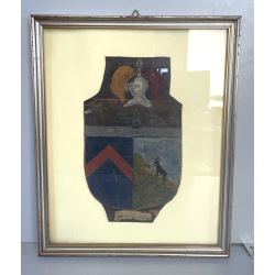ANTICO QUADRO STEMMA NOBILIARE CUOIO '800 40x33 CM SCUDO ELMO STAMBECCO CORVO