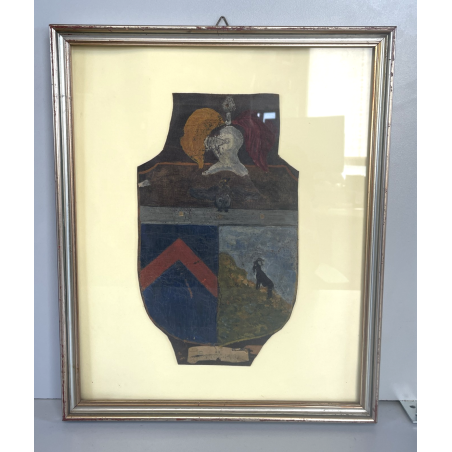 ANTICO QUADRO STEMMA NOBILIARE CUOIO '800 40x33 CM SCUDO ELMO STAMBECCO CORVO