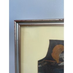 ANTICO QUADRO STEMMA NOBILIARE CUOIO '800 40x33 CM SCUDO ELMO STAMBECCO CORVO