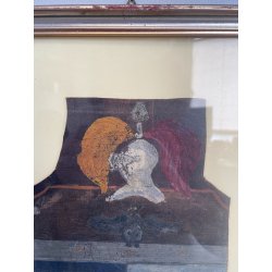 ANTICO QUADRO STEMMA NOBILIARE CUOIO '800 40x33 CM SCUDO ELMO STAMBECCO CORVO