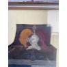 ANTICO QUADRO STEMMA NOBILIARE CUOIO '800 40x33 CM SCUDO ELMO STAMBECCO CORVO