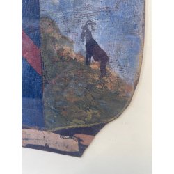 ANTICO QUADRO STEMMA NOBILIARE CUOIO '800 40x33 CM SCUDO ELMO STAMBECCO CORVO
