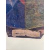ANTICO QUADRO STEMMA NOBILIARE CUOIO '800 40x33 CM SCUDO ELMO STAMBECCO CORVO
