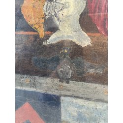 ANTICO QUADRO STEMMA NOBILIARE CUOIO '800 40x33 CM SCUDO ELMO STAMBECCO CORVO