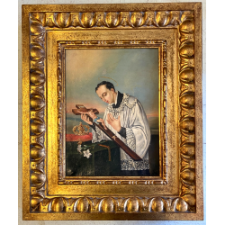 ANTICO DIPINTO OLIO TELA San Luigi Gonzaga GIGLI CORONA TESCHIO RELIGIOSO '800