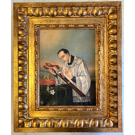 ANTICO DIPINTO OLIO TELA San Luigi Gonzaga GIGLI CORONA TESCHIO RELIGIOSO '800
