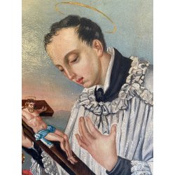 ANTICO DIPINTO OLIO TELA San Luigi Gonzaga GIGLI CORONA TESCHIO RELIGIOSO '800