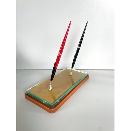 antico STILOFORO DESIGN anni 1950 CRISTALLO legno 2 PENNE a SFERA set SCRIVANIA