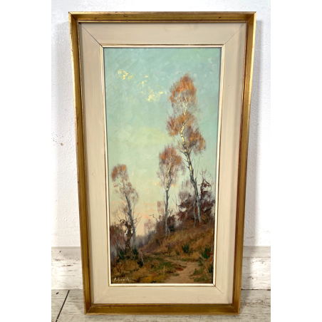 QUADRO DIPINTO OLIO TAVOL Artino Giroldi PAESAGGIO BOSCO SENTIERO CREPUSCOLO