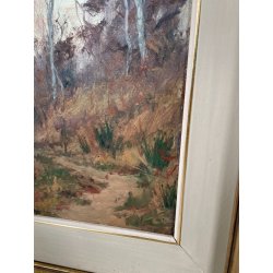 QUADRO DIPINTO OLIO TAVOL Artino Giroldi PAESAGGIO BOSCO SENTIERO CREPUSCOLO