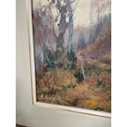 QUADRO DIPINTO OLIO TAVOL Artino Giroldi PAESAGGIO BOSCO SENTIERO CREPUSCOLO