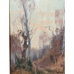 QUADRO DIPINTO OLIO TAVOL Artino Giroldi PAESAGGIO BOSCO SENTIERO CREPUSCOLO