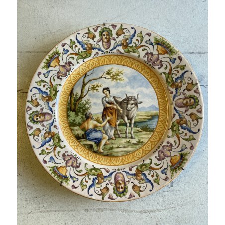 ANTICO PIATTO PARATA CERAMICA MAIOLICA DECORO ISTORIATO SCENA MITOLOGICA ø 56cm
