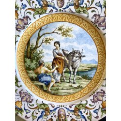 ANTICO PIATTO PARATA CERAMICA MAIOLICA DECORO ISTORIATO SCENA MITOLOGICA ø 56cm