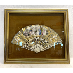 ANTICO QUADRO VENTAGLIO TECA DIPINTO PERSONAGGI DAME STILE '700 ORO ARGENTO