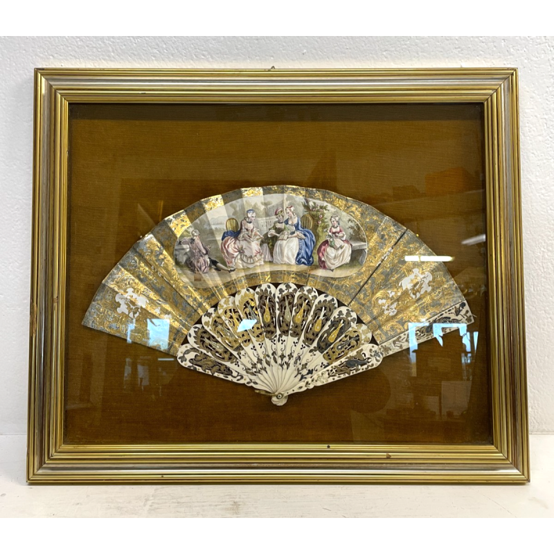 ANTICO QUADRO VENTAGLIO TECA DIPINTO PERSONAGGI DAME STILE '700 ORO ARGENTO