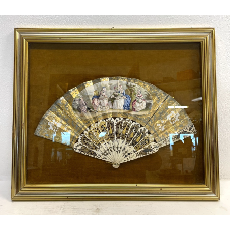 ANTICO QUADRO VENTAGLIO TECA DIPINTO PERSONAGGI DAME STILE '700 ORO ARGENTO