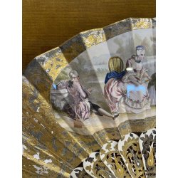 ANTICO QUADRO VENTAGLIO TECA DIPINTO PERSONAGGI DAME STILE '700 ORO ARGENTO