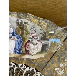 ANTICO QUADRO VENTAGLIO TECA DIPINTO PERSONAGGI DAME STILE '700 ORO ARGENTO