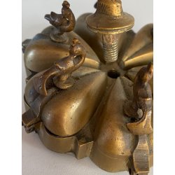 ANTICO CONTENITORE PORTA SPEZIE POLVERE kumkum INDIANO DECORO PAVONE OTTONE