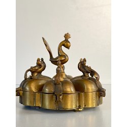 ANTICO CONTENITORE PORTA SPEZIE POLVERE kumkum INDIANO DECORO PAVONE OTTONE