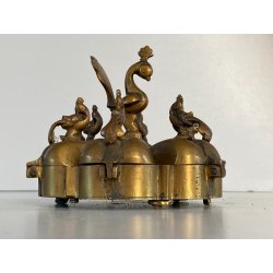 ANTICO CONTENITORE PORTA SPEZIE POLVERE kumkum INDIANO DECORO PAVONE OTTONE