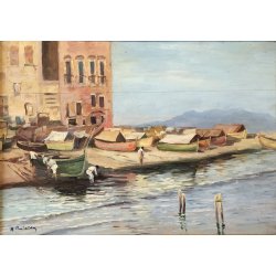 ANTICO QUADRO DIPINTO OLIO A. Pratella PAESAGGIO MARINA Napoli PORTO PESCATORI 