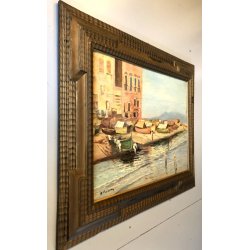 ANTICO QUADRO DIPINTO OLIO A. Pratella PAESAGGIO MARINA Napoli PORTO PESCATORI 