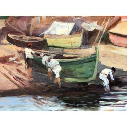 ANTICO QUADRO DIPINTO OLIO A. Pratella PAESAGGIO MARINA Napoli PORTO PESCATORI 