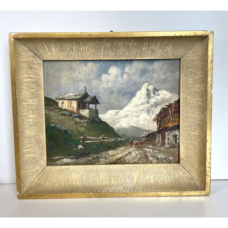 ANTICO QUADRO DIPINTO MONTAGNA OLIO SU TAVOLA EPOCA '900 BAITE SENTIERO CHIESA