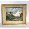 ANTICO QUADRO DIPINTO MONTAGNA OLIO SU TAVOLA EPOCA '900 BAITE SENTIERO CHIESA
