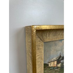 ANTICO QUADRO DIPINTO MONTAGNA OLIO SU TAVOLA EPOCA '900 BAITE SENTIERO CHIESA