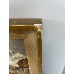 ANTICO QUADRO DIPINTO MONTAGNA OLIO SU TAVOLA EPOCA '900 BAITE SENTIERO CHIESA