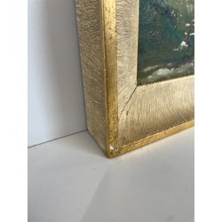 ANTICO QUADRO DIPINTO MONTAGNA OLIO SU TAVOLA EPOCA '900 BAITE SENTIERO CHIESA