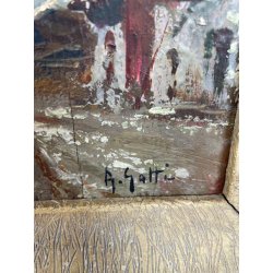 ANTICO QUADRO DIPINTO MONTAGNA OLIO SU TAVOLA EPOCA '900 BAITE SENTIERO CHIESA