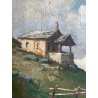 ANTICO QUADRO DIPINTO MONTAGNA OLIO SU TAVOLA EPOCA '900 BAITE SENTIERO CHIESA