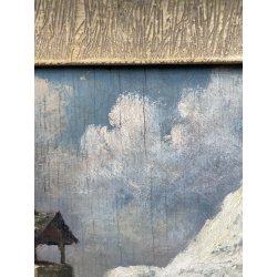 ANTICO QUADRO DIPINTO MONTAGNA OLIO SU TAVOLA EPOCA '900 BAITE SENTIERO CHIESA