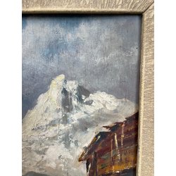 ANTICO QUADRO DIPINTO MONTAGNA OLIO SU TAVOLA EPOCA '900 BAITE SENTIERO CHIESA