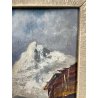 ANTICO QUADRO DIPINTO MONTAGNA OLIO SU TAVOLA EPOCA '900 BAITE SENTIERO CHIESA