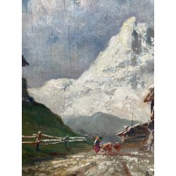 ANTICO QUADRO DIPINTO MONTAGNA OLIO SU TAVOLA EPOCA '900 BAITE SENTIERO CHIESA